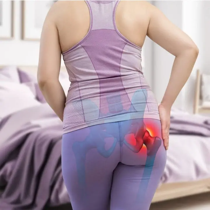 Mulher com dor na articulação do quadril associada à osteoartrite