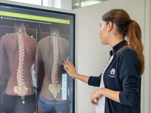 Fisioterapeuta a analisar o alinhamento da coluna vertebral através de tecnologia de avaliação postural
