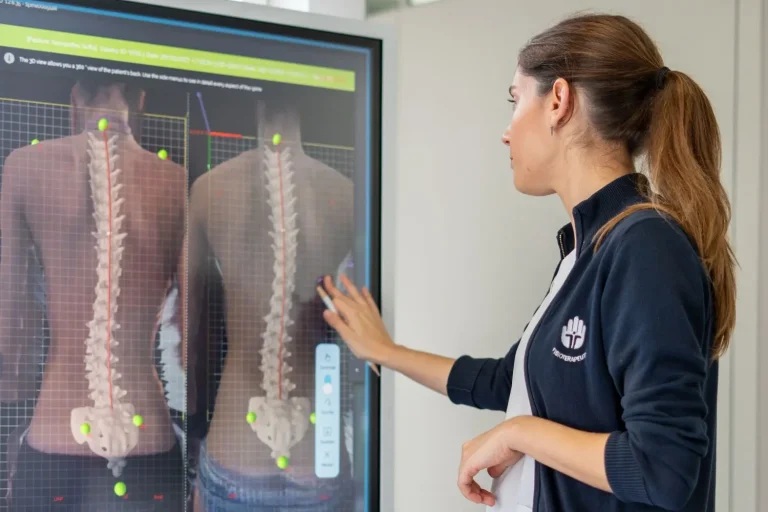 analise-postural-escoliose-schroth-rpg Fisioterapeuta a analisar o alinhamento da coluna vertebral através de tecnologia de avaliação postural