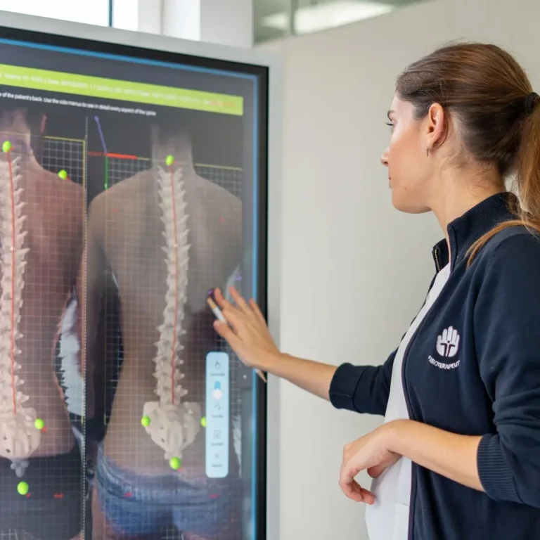 Fisioterapeuta a analisar o alinhamento da coluna vertebral através de tecnologia de avaliação postural