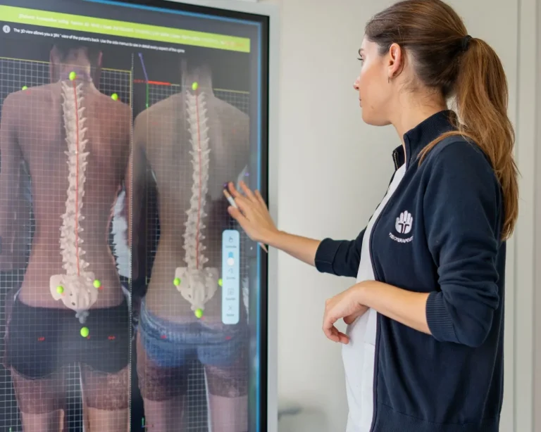 Fisioterapeuta a analisar alinhamento da coluna com tecnologia 3D durante avaliação especializada da escoliose