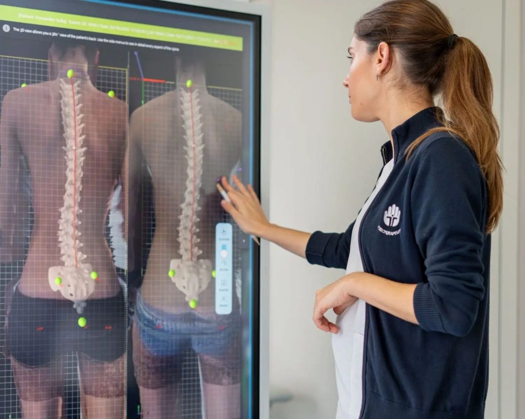Fisioterapeuta a utilizar tecnologia 3D sem radiação para avaliação postural de um adolescente com escoliose.
Caption: A tecnologia 3D sem radiação complementa a avaliação clínica e permite acompanhar a evolução da escoliose ao longo do crescimento.